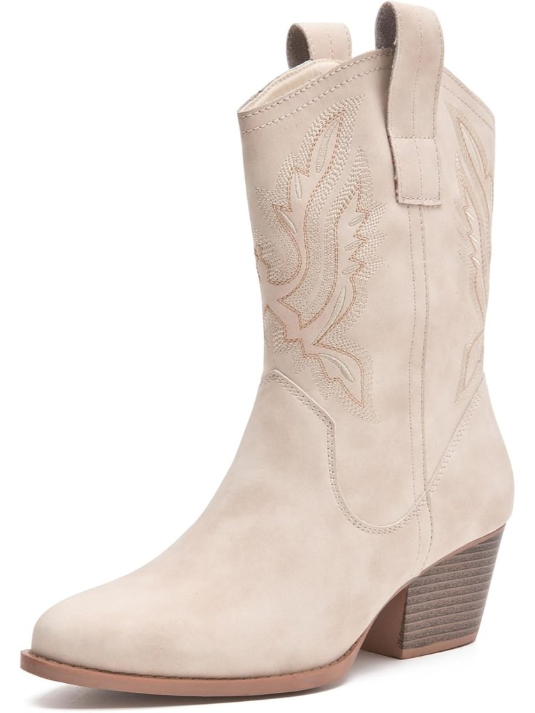 Women's Beige Cowgirl Short Boots Ankle Boot Block Heel Suede Booties